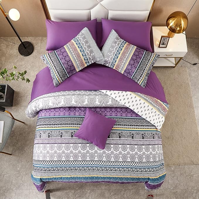 Cottolester Boho Comforter Set Queen Size,8 Piece Bed in a Bag Bohemian Striped Bedding Quilt Set,Purple Paisley Floral Comforter and Sheet Set,Soft Microfiber Complete Bedding Sets for All Season
