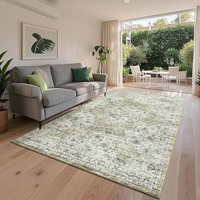 Washable 9x12 Boho Vintage Area Rugs for Living Room Non-Slip Distressed Large Rugs for Bedroom Dining Nursery Neutral Oriental Throw Thin Foldable Carpet for Playroom Vintage Carpet, Brown Yellow