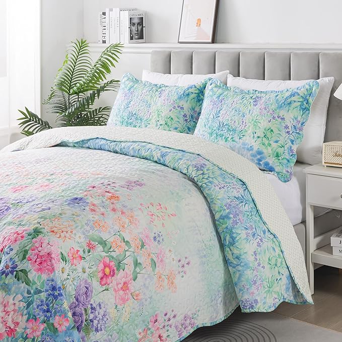 HoneiLife Queen Quilt Bedding Set - Floral Quilt Sets for Queen Bed, 3-Piece Wildflower Bedspreads,Botanical Coverlets Bed Cover, Microfiber Bedding Set All Season Quilts-Dream Garden,Purple