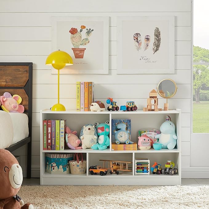 Kids Toy Storage Organizer, 5-Section Storage Cabinet for Organizing Books Toys, Wooden Bookshelf Daycare Furniture for School, Classroom Playroom, Nursery, Kindergarten (White)