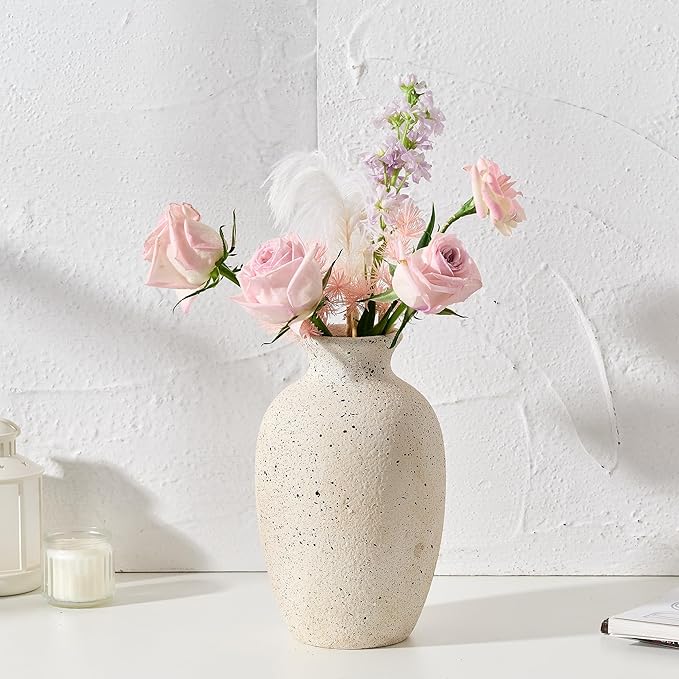 Ceramic Rustic Flower Vase, 8.38 Inch Vintage Pottery Home Decor, Antique Farmhouse Terracotta Vase for Living Room, Table, Shelf, Mantel Decoration, Farmhouse - Cream-White
