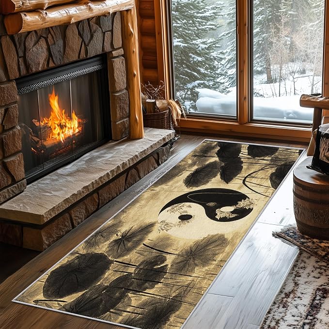 Yin Yang Lotus Leaf Runner Rug 4x9, Asian Yoga Design, Zen Spiritual Meditation Area Rug, Washable Non-Slip Floor Carpet Runner for Bedroom, Dining Room, Living Room Aisle