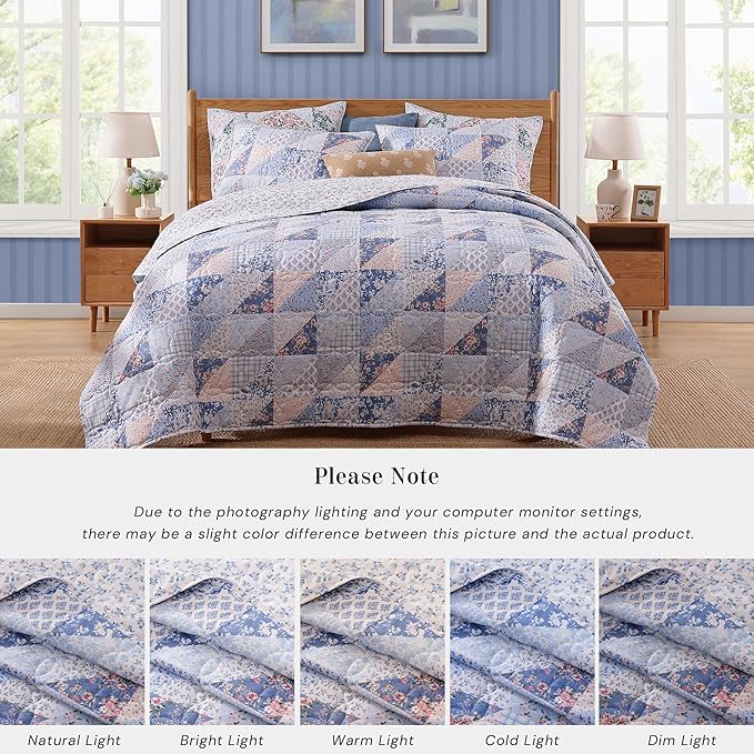 Quilt Set Queen Size, Patchwork Blue Pink Marigold Floral Quilt Sets, Reversible Bedspread Lightweight and Breathable for All Seasons, Soft Quilted Bedspread with 2 Pillow Shams