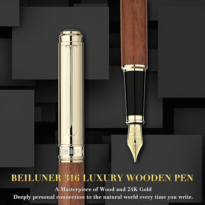 BEILUNER 316 Fountain Pen,Stunning Luxury Rosewood,24K Gilded Nib(Medium),Gorgeous 24K Gold Finish, Ink Converter,Best Gift for Men&Women-Fancy,Executive,Nice Pens for Writing, RD-M