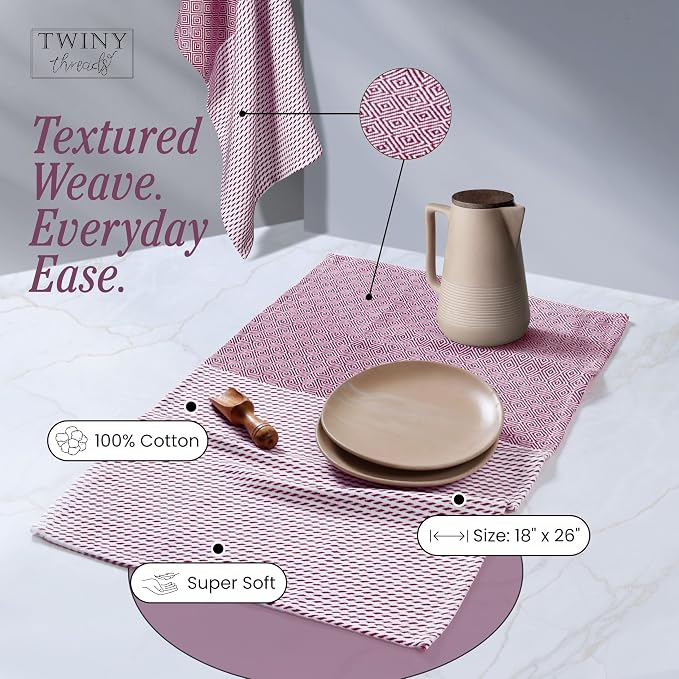 TWINY threads Kitchen Dish Towel Diamond Weave Mixed Color Pack, Premium 100% Cotton Kitchen Linen Set, Absorbent Quick Drying Dish Rags, Washable Reusable Multi Purpose, Set of 4, 18 x 26 Inch
