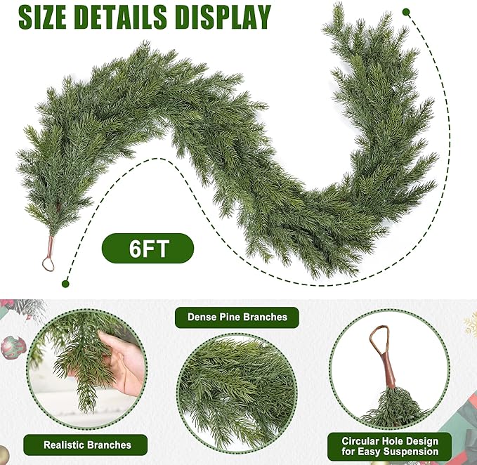 Artgar 6 Ft Realistic Christmas Cedar Garland, Thick Faux Green Garland, Real Touch Artificial Greenery Pine Garlands for Home Table Mantle Stairs Railing Window Outdoor Holiday Xmas Decor
