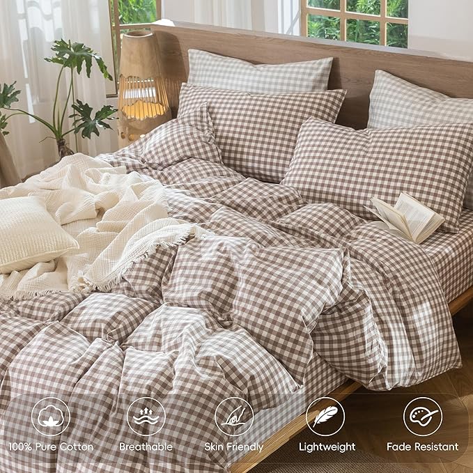 MooMee Gingham Duvet Cover Set 100% Washed Cotton Linen Like Textured Breathable Durable Soft Comfy Modern Checkered Design (Brown Gingham, Super King 108"x98")