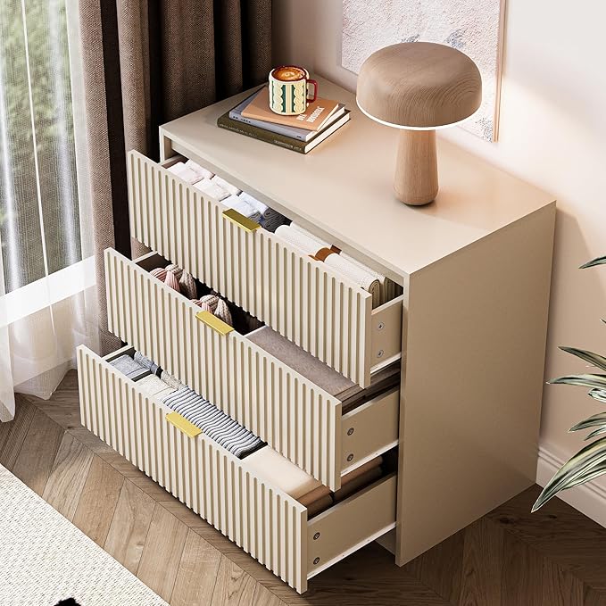 3-Piece Dresser Bedroom Set, 9 Drawer Dresser & 3 Drawer Nightstands with Gold Handles, Fluted Wood Chest of Drawers for Bedroom, Living Room, Entryway, Beige