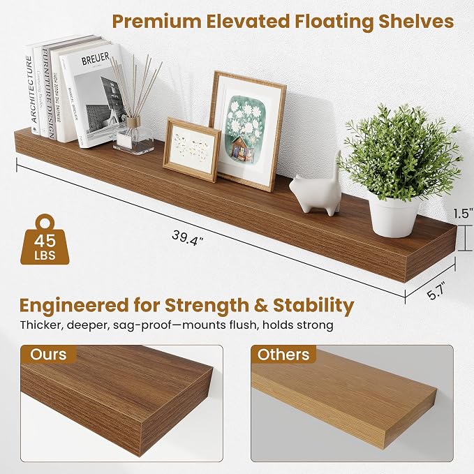Fun Memories 40 Inch Floating Shelves, Long Wood Wall Shelf Set of 2 with Invisible Brackets, for Bathroom, Living Room, Bedroom, Kitchen, Walnut