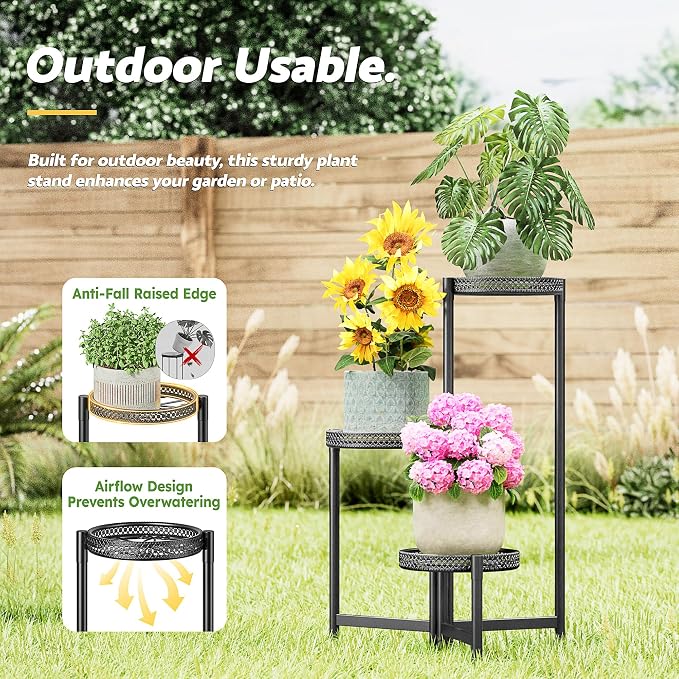 Plant Stand Indoor Outdoor, 3 Tier Corner Metal Flower Display Holder Shelf, Folding Tall Plant Rack for House Patio Balcony Porch Living Room, Heavy Duty Anti-Rust Wrought Iron - BlackS