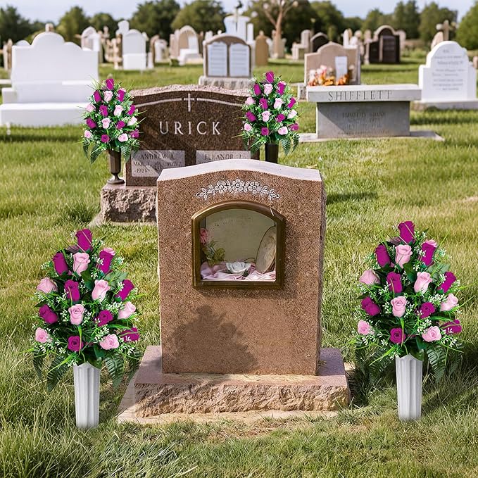 Artificial Cemetery Flowers - Set of 2 Grave Memorial Rose Flowers with Vase for Cemetery Headstones Gravesites Decoration (Purple & Pink)