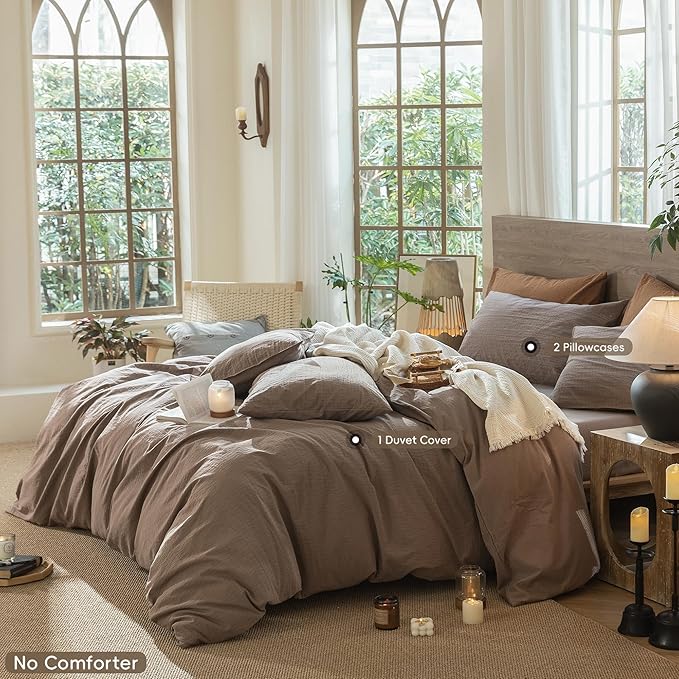MooMee Wavy Striped Duvet Cover Set 100% Washed Cotton Linen Like Textured Breathable Durable Soft Comfy (Brown, Oversized Queen 98"x98")