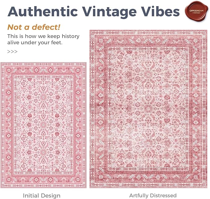 OPPODREAM Vintage Pink Round Rug 3ft, 3 ft Retro Washable Circle Rug Non Slip, Low-Pile Faux Wool Circular Carpet, Distressed Floor Mat for Living Room, Bedroom, Office, Dorm, Dinning Room