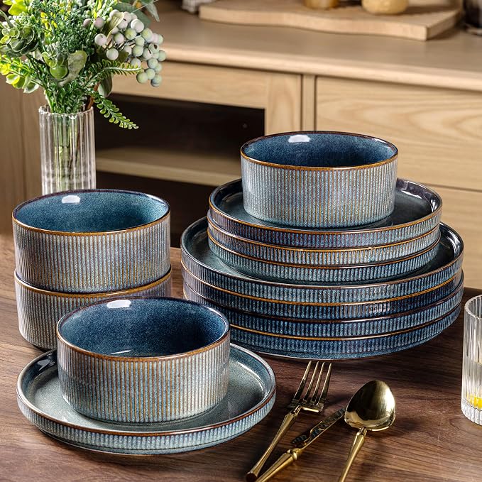 GBHOME 12-Piece Stoneware Dinnerware Set for 4 – Ribbed Ceramic Plates and Bowls, Scratch-Resistant, Microwave & Dishwasher Safe, Reactive Glaze, Ceylon Blue