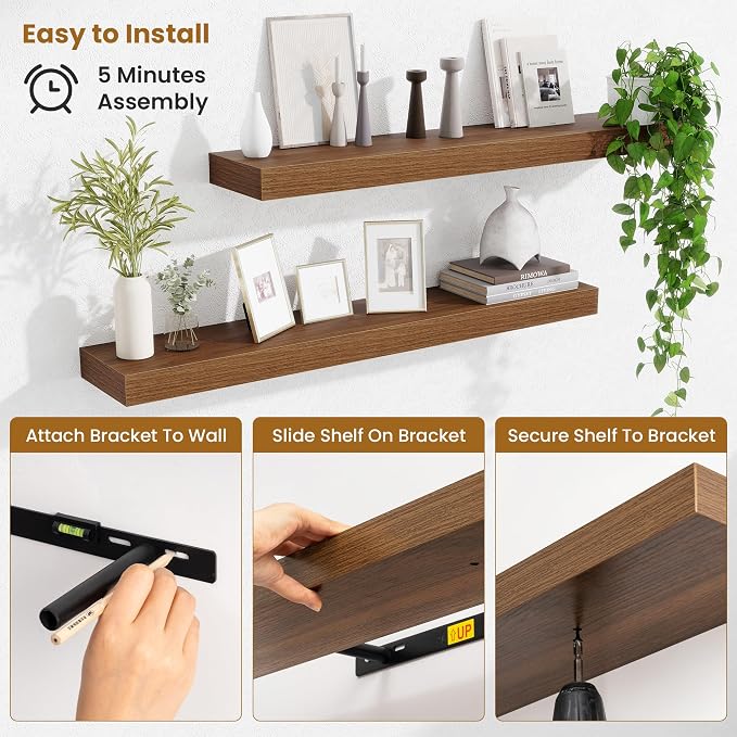 Fun Memories Floating Shelves for Room Wall, 36 Inch Long Shelf Set of 2， Hanging Wood Shelves for Storage & Display, Walnut