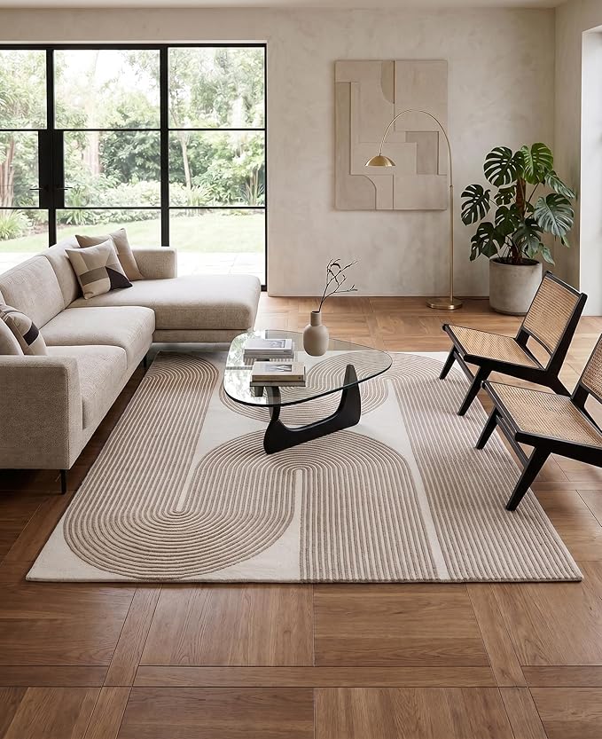 Modern Handmade Wool Area Rug, Abstract Curved Line Geometric Indoor Carpet for Living Room Bedroom, Contemporary Tufted Rug with Soft Pile and Cotton Backing (Sand Beige, 5' x 7')