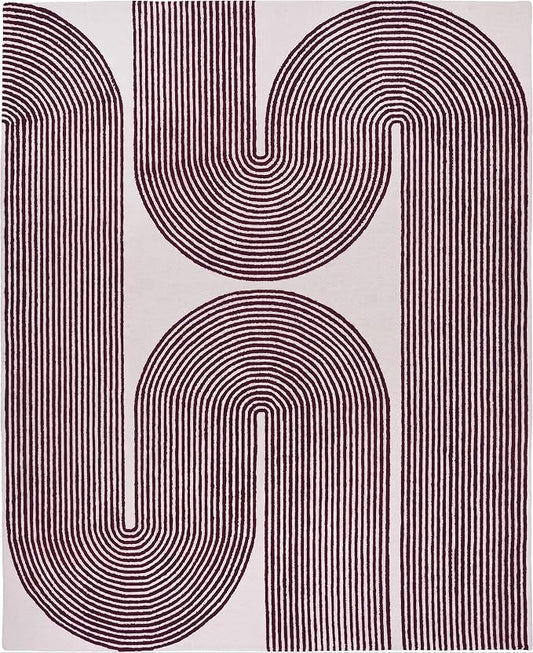 Modern Handmade Wool Area Rug, Abstract Curved Line Geometric Indoor Carpet for Living Room Bedroom, Contemporary Tufted Rug with Soft Pile and Cotton Backing (Deep Plum, 4' x 6')