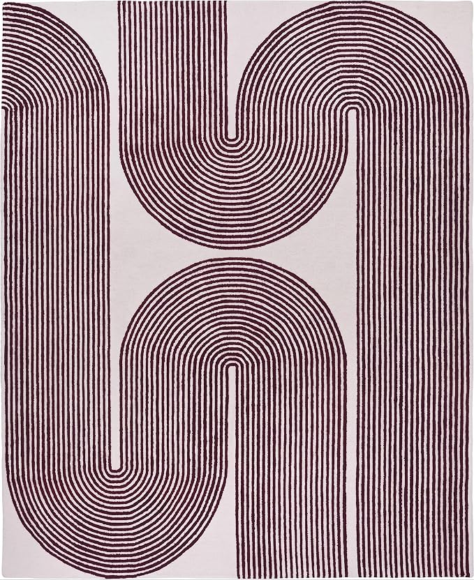 Modern Handmade Wool Area Rug, Abstract Curved Line Geometric Indoor Carpet for Living Room Bedroom, Contemporary Tufted Rug with Soft Pile and Cotton Backing (Deep Plum, 6' x 9')