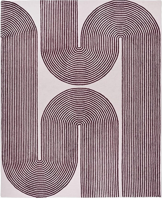 Modern Handmade Wool Area Rug, Abstract Curved Line Geometric Carpet for Living Room Bedroom, Contemporary Tufted Indoor Rug with Soft Pile and Cotton Backing (Deep Plum, 9' x 12')