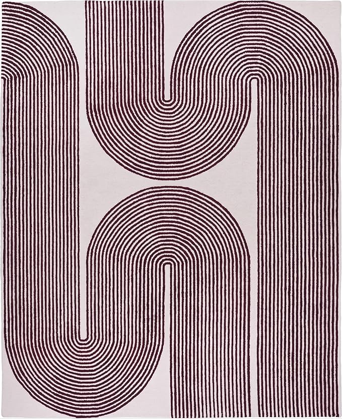 Modern Handmade Wool Area Rug, Abstract Curved Line Geometric Indoor Carpet for Living Room Bedroom, Contemporary Tufted Rug with Soft Pile and Cotton Backing (Deep Plum, 10' x 14')