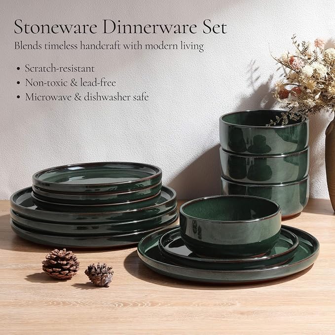 E-far Stoneware Dinnerware Sets for 6, 18 Pieces Reactive Glaze Plates and Bowls Sets, Elegant Dishes with Rustic Terracotta Clay Base, Dishwasher & Microwave Safe, Scratch Resistant, Blackish Green