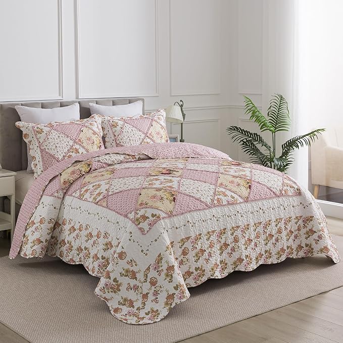 HoneiLife Queen Quilt Bedding Sets - Floral Quilt Bedding Sets 3-Piece 90x96, Lightweight Bedspreads Patchwork Coverlet Rustic Bedding Set All Season Quilts