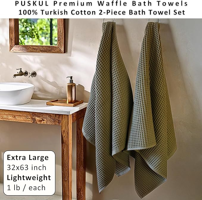 PÜSKÜL Natural 100% Turkish Cotton Waffle Bath Towels Set of 2-Piece | 32x63 inch Extra Large Absorbent Quick-Dry Lightweight Spa Towel | Honeycomb Weave Towel (Khaki Green Bath Towels - Pack of 2)