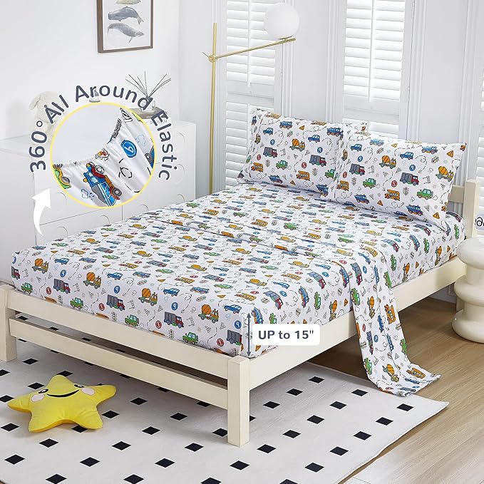 Viviland 3 Pieces Boys White Twin Sheet Set - Soft Microfiber Fitted Flat Sheets & Pillowcase - White Cars Traffic Lights Print Bedding Sets - for Kids & Toddlers