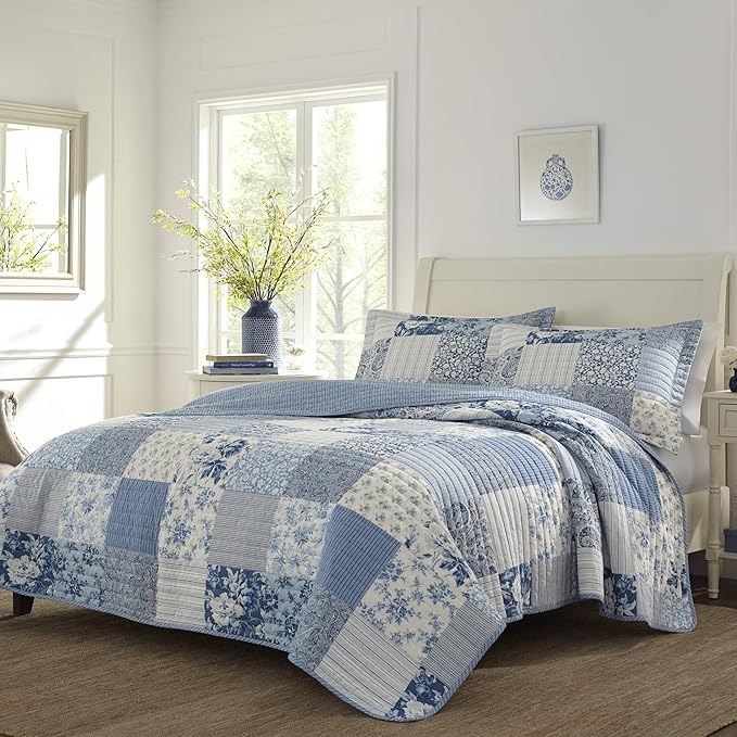 Laura Ashley - King Quilt Set, Reversible Cotton Bedding with Matching Shams, Farmhouse Inspired Home Decor (Paisley Printed Patchwork Blue, King)
