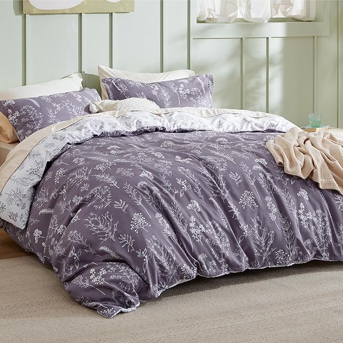 Bedsure Duvet Cover Queen Size - Reversible Grayish Purple Queen Duvet Cover Set with Zipper Closure, 3 Pieces Cute Floral Patterned Bedding Set with 8 Corner Ties and 2 Pillow Shams