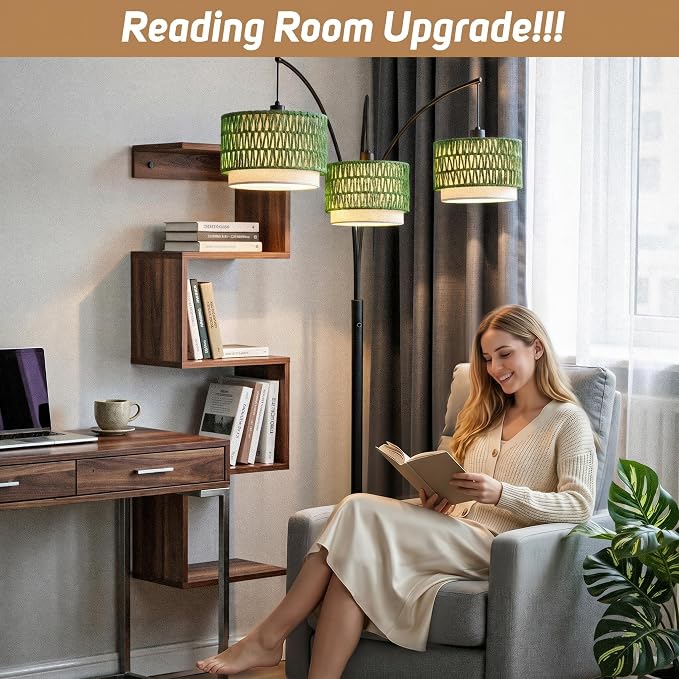 Arc Floor Lamp for Living Room, 80 Inch Rattan Floor Lamp with Rotary Switch, 3 Lights Boho Tall Lamp with Green Wicker Shade for Coastal,Bohemian,Tree Farmhouse Standing Lamp