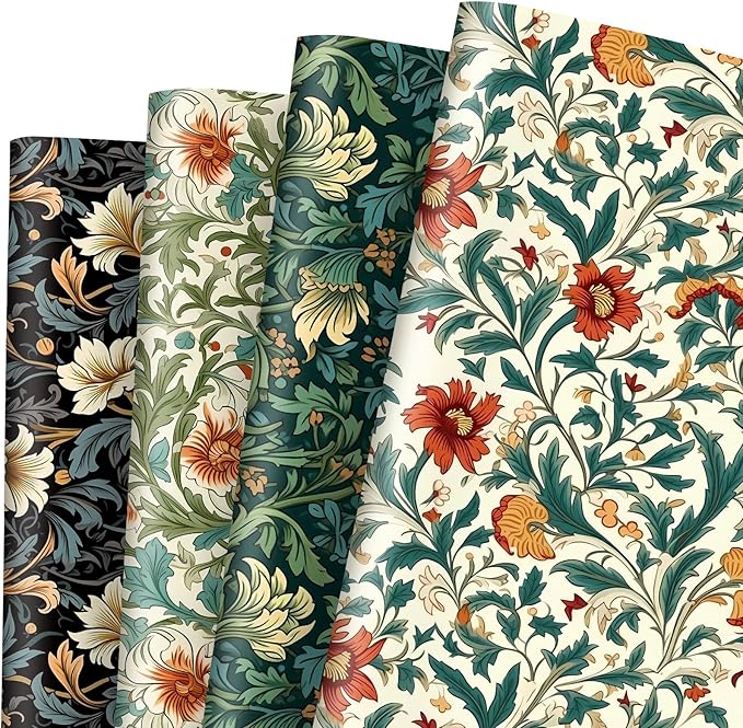 JarThenaAMCS 12 Sheet William Morris Wrapping Paper -Not Roll- Vintage Floral Gift Wrap Paper Folded Flat Retro Floral Art Paper for Wedding Birthday DIY Crafts Gift Wrapping, 19.7 x 27.6 Inch