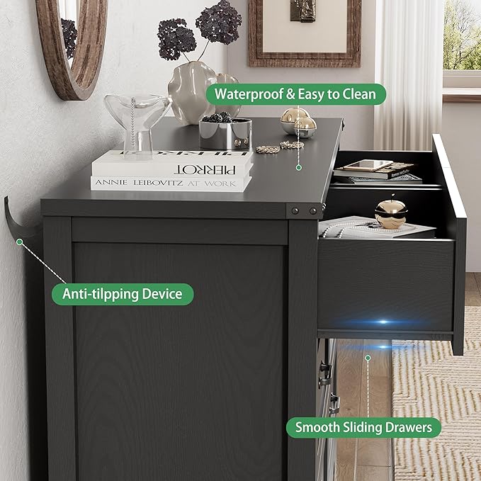 Dresser for Bedroom with 8 Drawers, 54" Wide Wood Chest of Drawers with Deep Drawers & Mental Handle, Modern Dresser TV Stand, Wooden Closet Storage Organizer for Living Room, Hallway, Entryway, Black