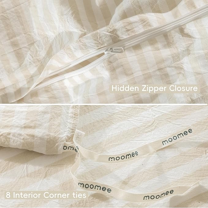 MooMee Striped Duvet Cover Set 100% Washed Cotton Linen Like Textured Breathable Durable Soft Comfy (Almond Milk Grey Classic Stripes, Queen 90"x90")