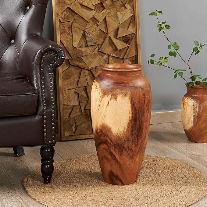 Greenage Natural Acacia Wood Vase Handmade 7.1" 7.1" x 19.7" Handcrafted Solid Wooden Table Flower Holder Rustic Decorative Tall Floor Vase for Living Room Balcony Home Decor