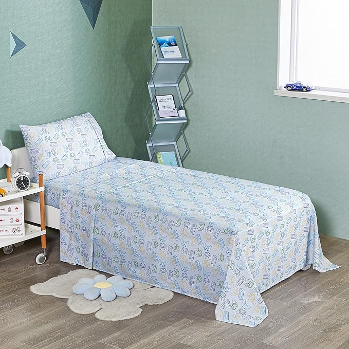 Viviland 3 Pieces Boys Grey Twin Sheet Set - Soft Microfiber Fitted Flat Sheets & Pillowcase - Game Player Paddle Printed Bedding Sets - for Kids & Toddlers