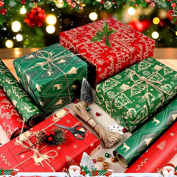 Panigkids Christmas Wrapping Paper Rolls, Red & Green Holiday Gift Wrap Featuring Reindeer, Snowflakes & Christmas Trees (17 inch x 17 ft) 4 Rolls Kraft Gift Wrapping Paper with Jute Twine