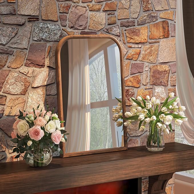 20"x30" Arch Wall Mirror Bathroom Mirror for Wall Mounted, Tempered Glass, Wood Grain Finish Frame Wall Mirror Decorative for Living Room Bedroom Entryway, Natural