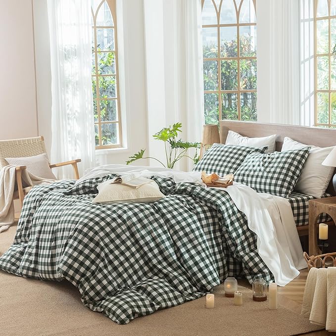 MooMee Gingham Duvet Cover Set 100% Washed Cotton Linen Like Textured Breathable Durable Soft Comfy Modern Checkered Design (Buffalo Plaid Forest Green, Twin 68"x90")
