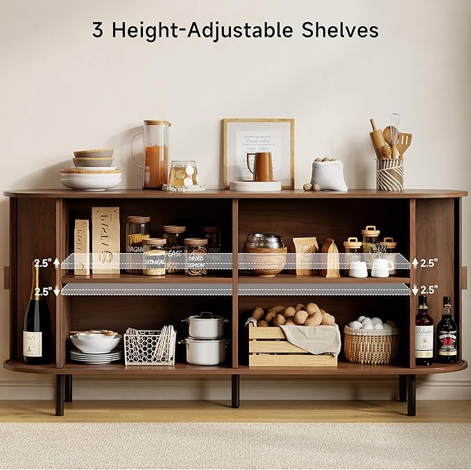 Buffet Sideboard Cabinet with Storage, 63" Fluted Cabinet with Sliding Door & Adjustable Shelf, Modern Accent Coffee Bar Console Table for Kitchen, Entryway, Walnut