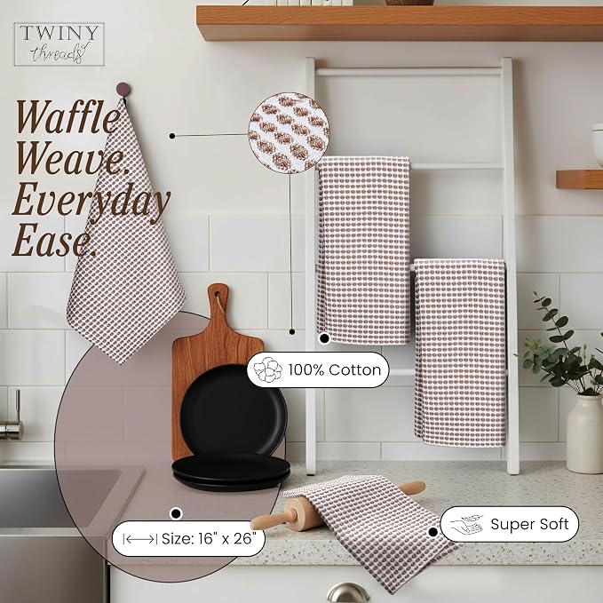 TWINY threads 4 Pack Honeycomb Circle Waffle Dish Towels 16x26 Inches, 100% Cotton, Durable, Thick, Waffle Weave Tea Towels, Great for Handling Hot Pots, Heavy Cleaning, Brown