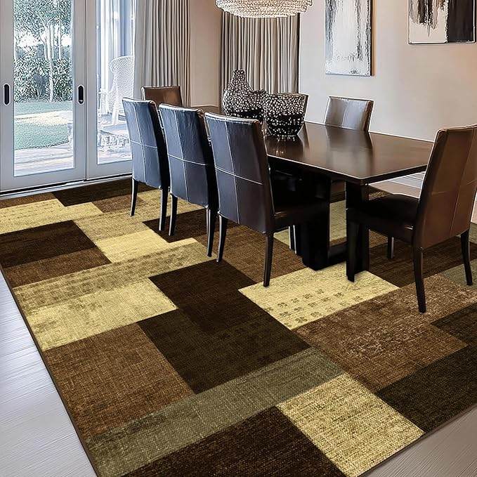 Modern Geometric Patchwork Indoor Area Rug for Living Room, Warm Taupe 4x6 Large Rug Rockwood Collection Hardwood Floors Decor for Bedroom, Taupe Throw Carpet for Office Entryway Dining Room