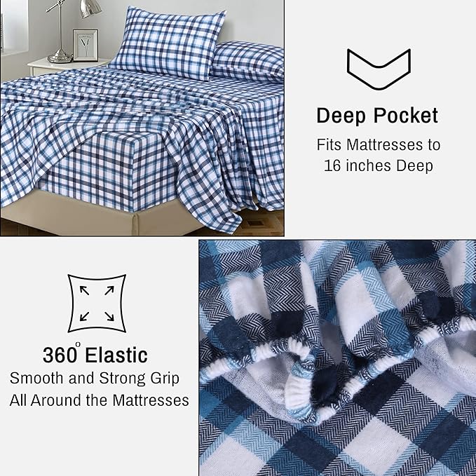 RUVANTI Flannel Sheets King Size - 100% Cotton Brushed King Size Sheets Set - Deep Pockets 16 Inches Bed Sheets - All Seasons Breathable & Extra Soft - Warm & Cozy, 4 Piece, Gingham Addition
