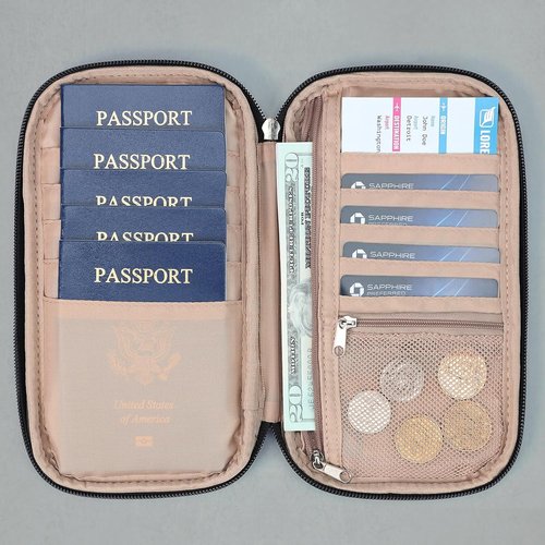FINDCOZY Travel Passport Holder - Portable Document Organizer Wallet for Family | Black with Multiple Pockets