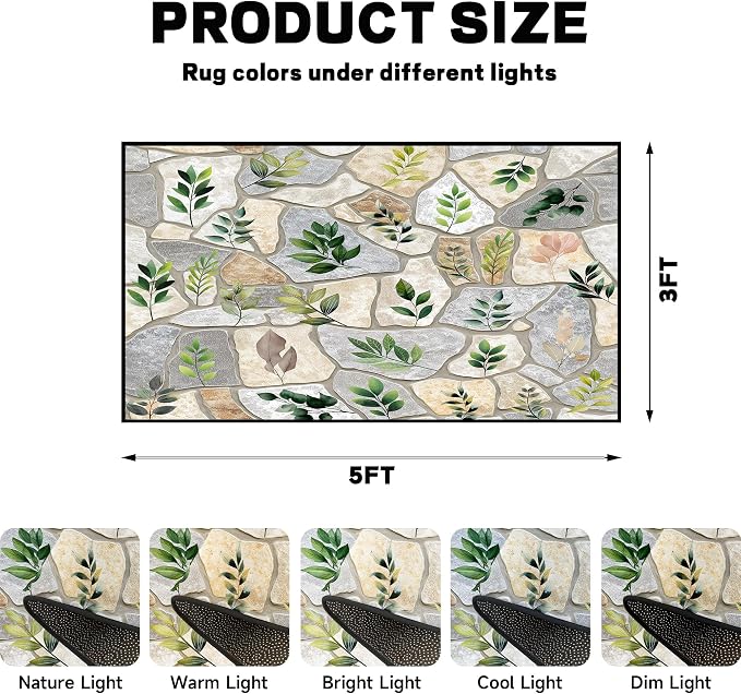 3'x5' Optical Illusion Rug 3D Stone Floor Mat Green Leaf Botanical Area Rug Rustic Nature Washable Carpet for Entryway Bedroom Living Room Kitchen Home Decor