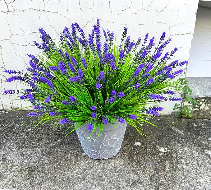 Artificial Faux Plants Flowers for Outdoors Decor, 22 Pcs Fake Lavender Flowers Outdoor UV Resistant, Realistic No Fade Realistic Outdoor Plants Greenery Shrubs for Porch Garden Yard Window Box Home