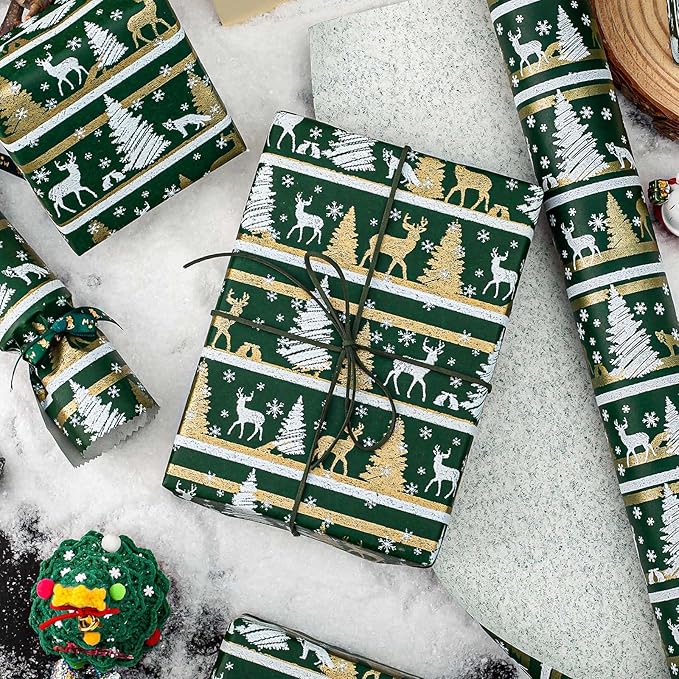 Yarcony Kraft Christmas Wrapping Paper, Green Wrapping Paper, Luxury Faux Sparkle Christmas Trees Reindeer Snowflake Heavy Duty Kraft Gift Wrap for Holidays, Winter Solstice (17 Inch X 33 Feet)