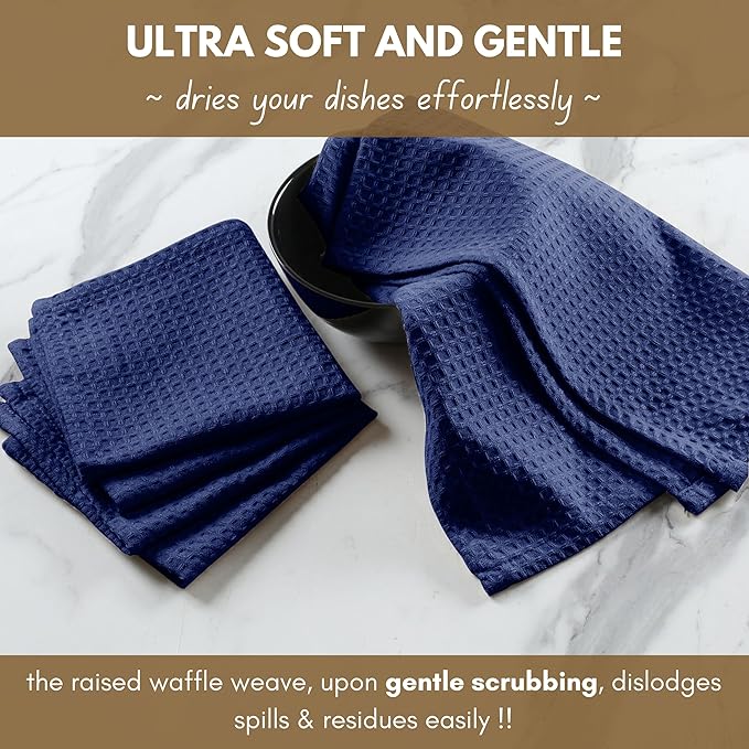Native Fab 18 Pack Waffle Dish Cloths - 100% Cotton, 12x12 inch, Absorbent, Quick Drying, Washable Towels for Cleaning, Cooking & Baking - Perfect for Home, Restaurants, Bars, Multi Use - Indigo Blue