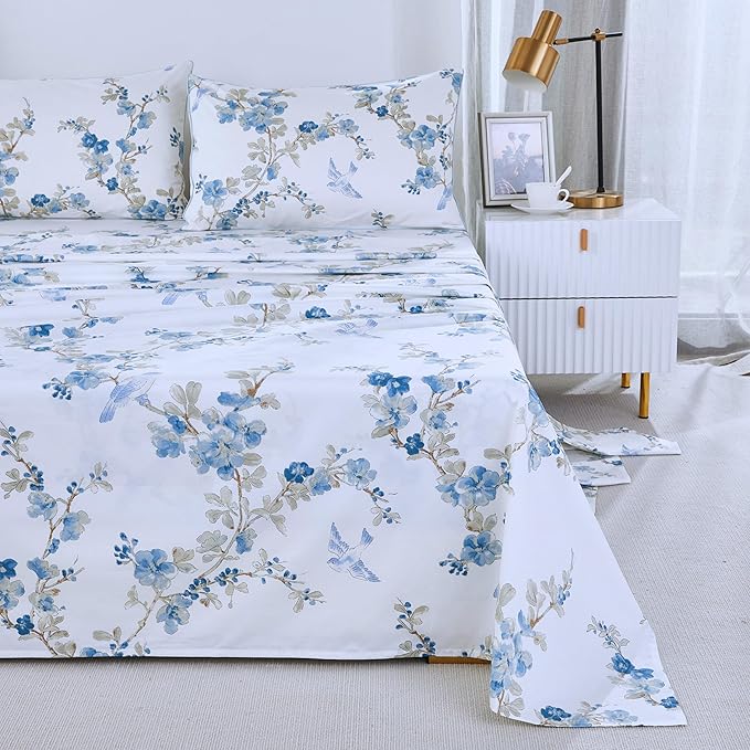 Brandream Queen Size Sheet Set Luxury Blossom Floral Birds Bedding Collections 800 Thread Count 100% Egyptian Cotton Deep Pocket, 4 Piece White Blue Botanical Branches Flower