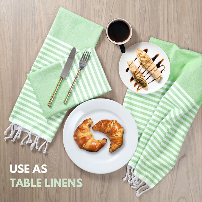 Turkish Kitchen Towels 18x26 Inches with Tassels - 4 Pack - Absorbent, Durable, Soft 100% Cotton Dish Towels for Drying & Cleaning - Machine Washable, Quick Dry - Apple Green